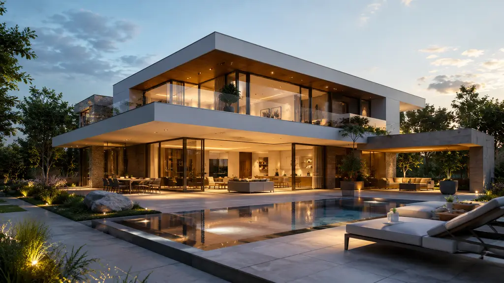 Moderne Luxusvilla mit klarer Architektur und großzügigen Glasfronten in der Abenddämmerung